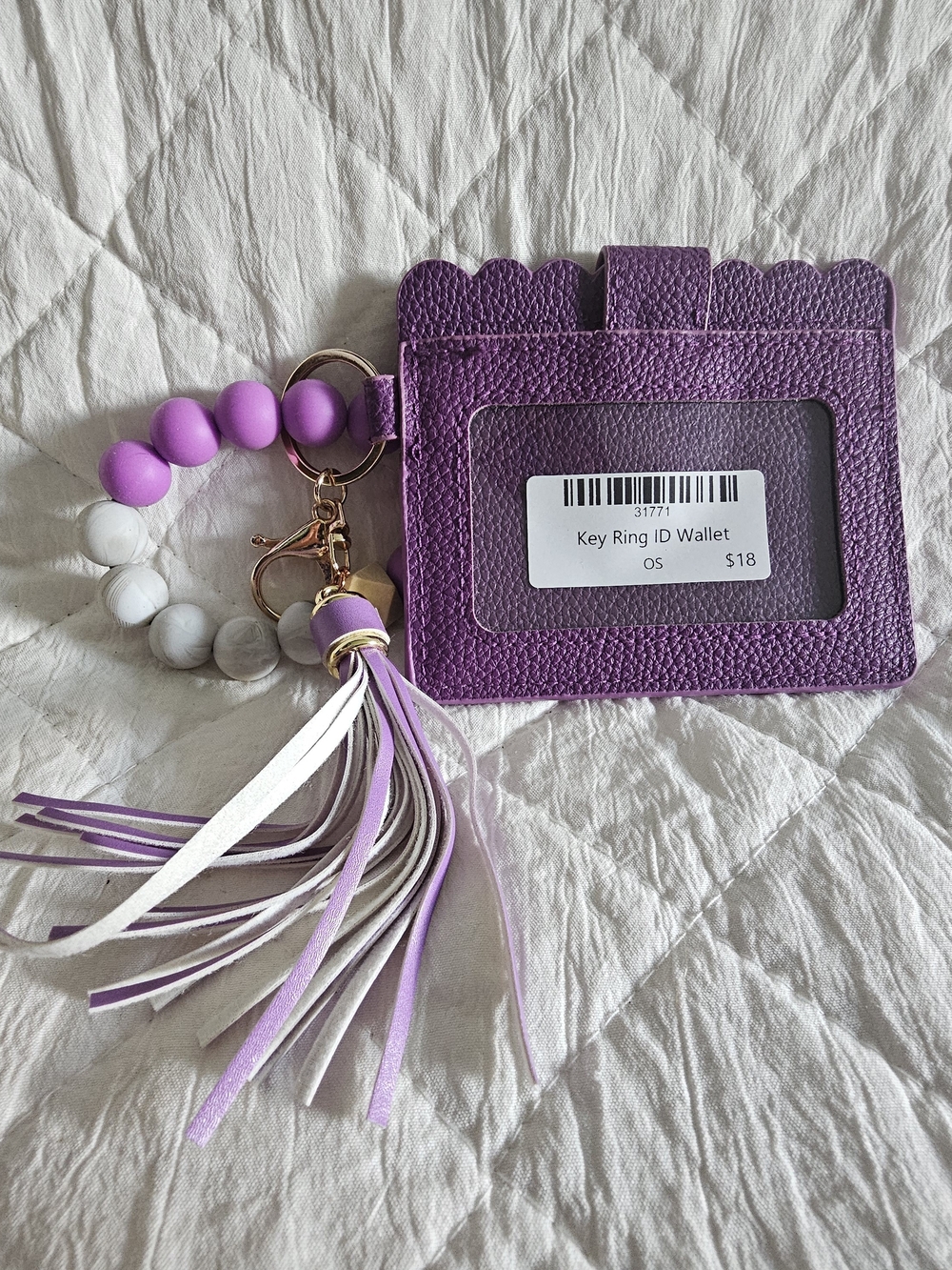 Dark Purple ID Card Wallet with Beaded Tassel Key Ring